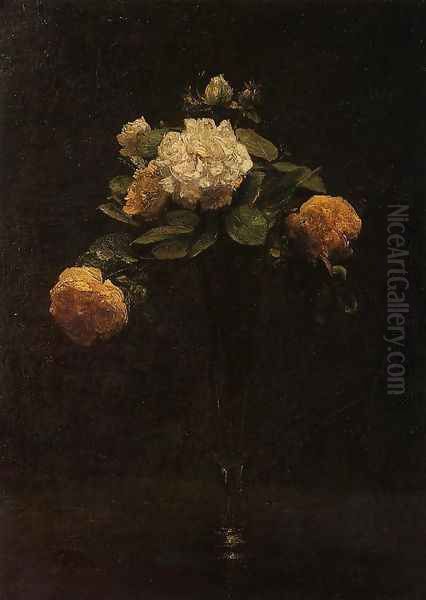 White and Yellow Roses in a Tall Vase Oil Painting by Ignace Henri Jean Fantin-Latour