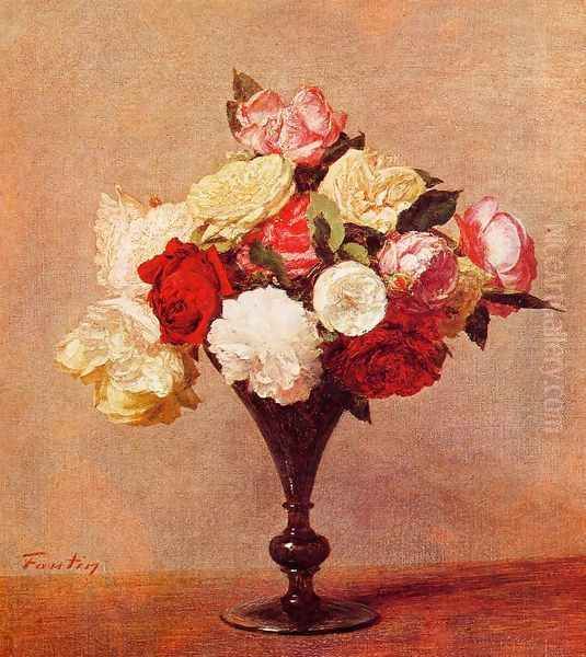 Roses in a Vase I Oil Painting by Ignace Henri Jean Fantin-Latour