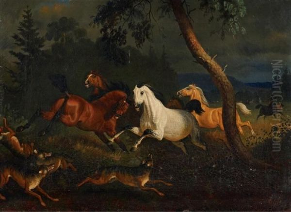 Wildpferde Und Wolfe Oil Painting by Friedrich Anton Kilp