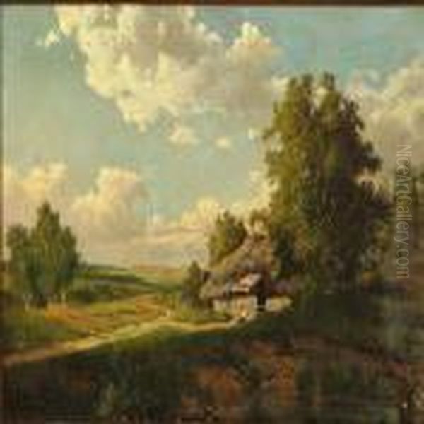 Russian Summer Landscape With A Hut Oil Painting by Michail Petrovic Klodt