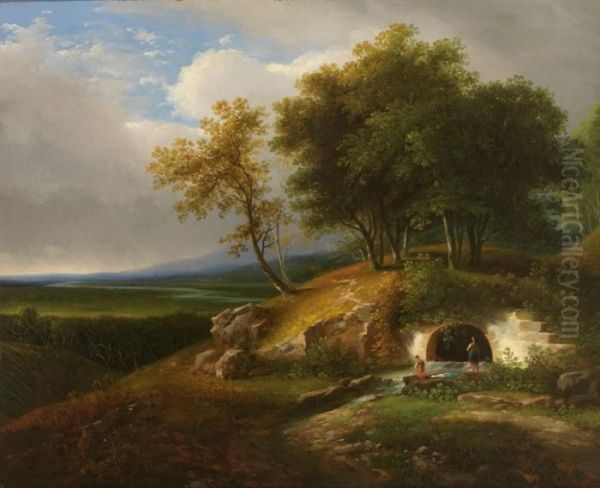 Zum Einen: Alte Muhle Mit 
Wascherin Am Ufer; Zum Anderen: Erhohte Quelle Mit Weitem Blick In Das 
Land Oil Painting by Anton Knapp