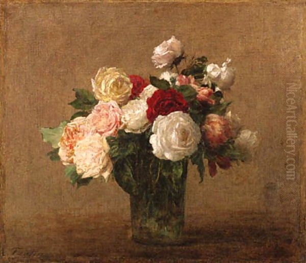 Roses in a Glass Vase Oil Painting by Ignace Henri Jean Fantin-Latour