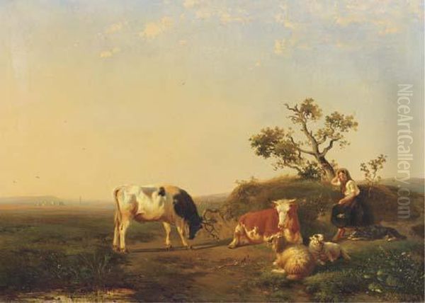 A Peasant Girl And Cattle Resting In A Landscape Oil Painting by Johan Daniel Koelmann