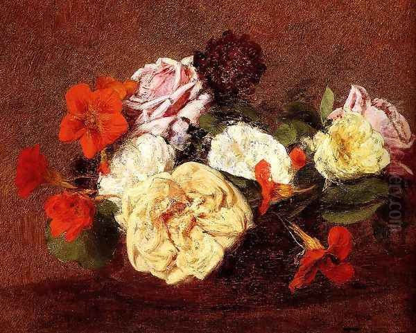 Bouquet Of Roses And Nasturtiums Oil Painting by Ignace Henri Jean Fantin-Latour