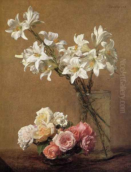 Roses and Lilies Oil Painting by Ignace Henri Jean Fantin-Latour