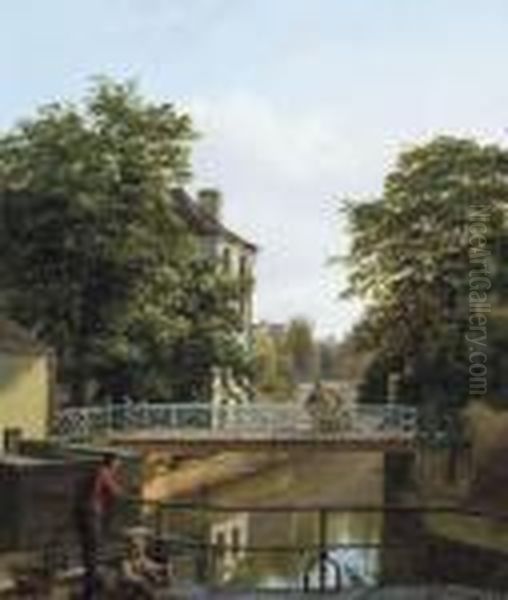 Vue De Ville Avec Petits Pecheurs Pres D'un Canal Oil Painting by Jean Baptist Kops