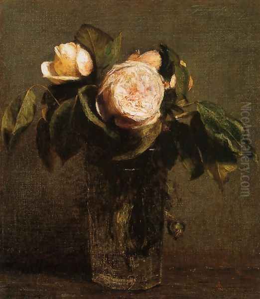 Roses in a Tall Glass Oil Painting by Ignace Henri Jean Fantin-Latour