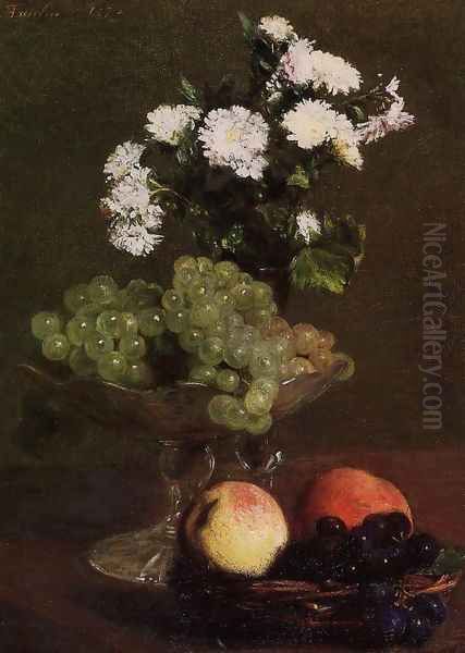 Still Life: Chrysanthemums and Grapes Oil Painting by Ignace Henri Jean Fantin-Latour