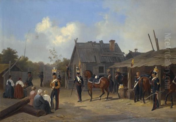 Soldiers Bivouacking In A Village Oil Painting by Adolphe Ladurner