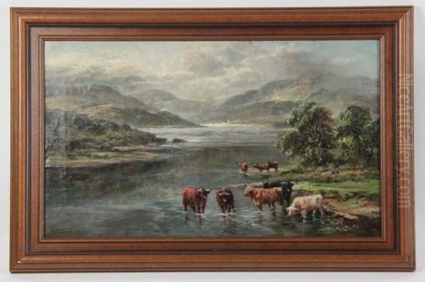 Highland Cattle Watering By The Edge Of A Loch Oil Painting by William Langley