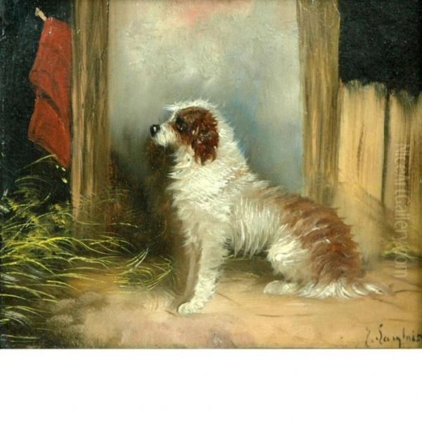 Terrier In A Barn Oil Painting by L. Langlois