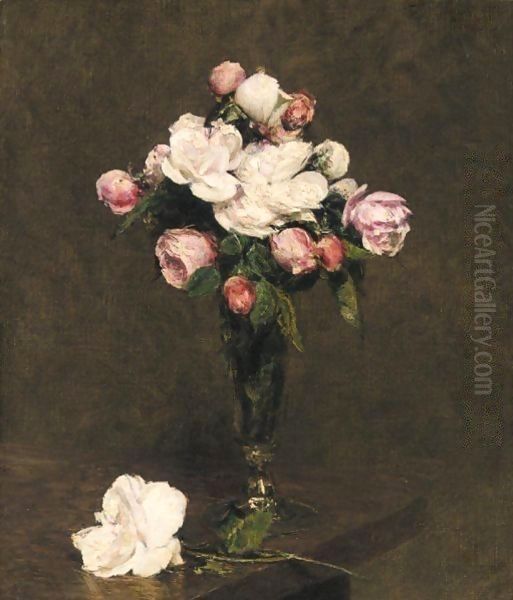 White Roses and Roses in a Footed Glass Oil Painting by Ignace Henri Jean Fantin-Latour