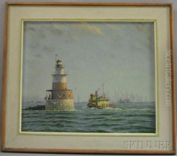 Robbins Reef Lighthouse, Upper Bay, New York Oil Painting by William Hurd Lawrence