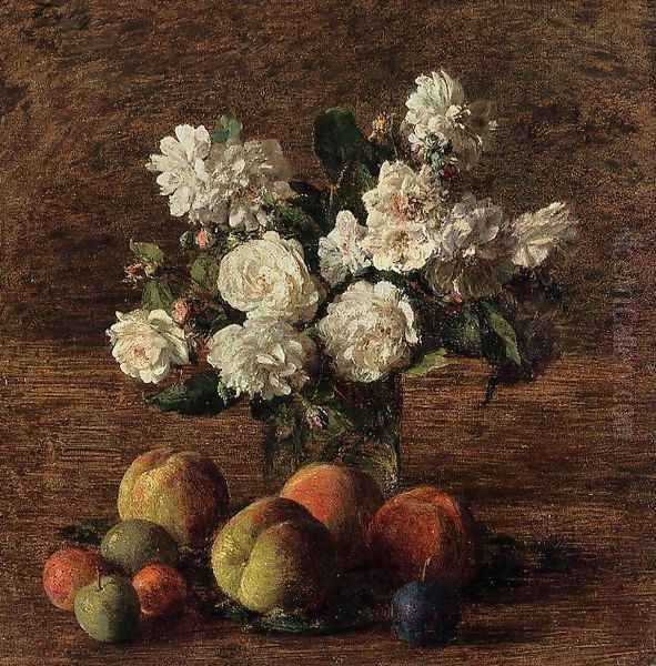 Still Life: Roses and Fruit Oil Painting by Ignace Henri Jean Fantin-Latour