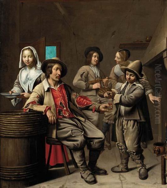 Peasants Drinking And Music Making In A Tavern Oil Painting by Le Maitre Des Corteges