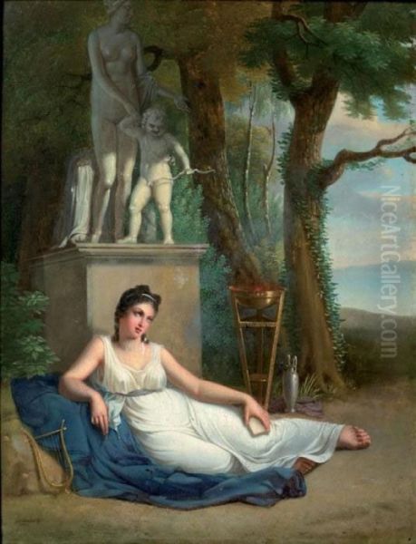 Une Muse Au Pied De La Statue De Venus Et De L'amour Oil Painting by Jean-Baptiste Lecoeur