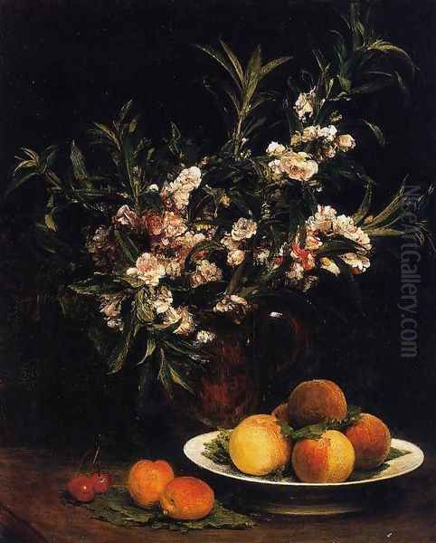 Still Life: Balsimines, Peaches and Apricots Oil Painting by Ignace Henri Jean Fantin-Latour