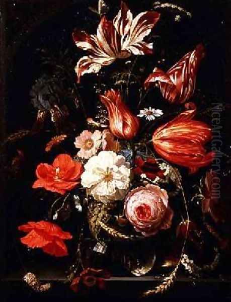 Still Life of Flowers on a Ledge Oil Painting by Abraham Mignon