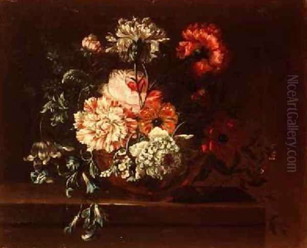 Roses carnations and convolvuli on a ledge Oil Painting by Jean-Baptiste Monnoyer