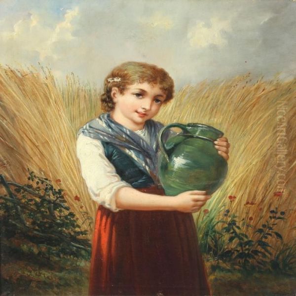 Girl With Water Jug Standing In A Cornfield Oil Painting by Jules Leonard