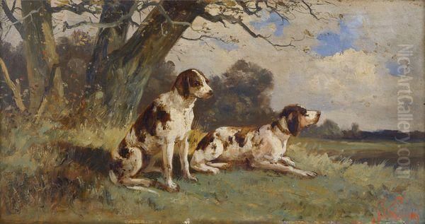 < Deux Chiens De Chasse Au Relais >. Oil Painting by Joseph Lievin