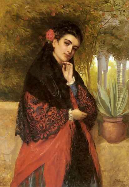 A Spanish Beauty in a Red and Black Lace Shawl Oil Painting by John Bagnold Burgess