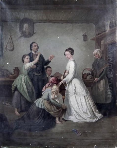 Interior Cottage Scene With Figures Oil Painting by Karl Johann Lindstrom