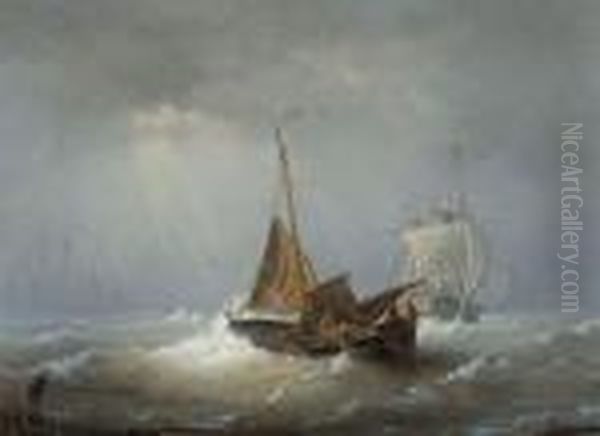 Marine Avec Bateaux De Peche Oil Painting by Egide Linnig