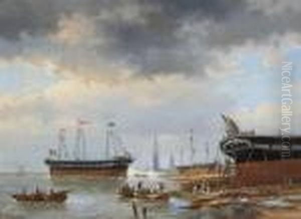 Tewaterlating Van De Driemaster Macassar Oil Painting by Egide Linnig