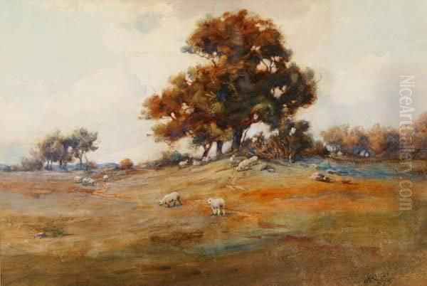 Landscape With Grazing Sheep Oil Painting by John Wesley Little