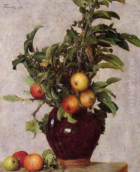 Vase with Apples and Foliage Oil Painting by Ignace Henri Jean Fantin-Latour