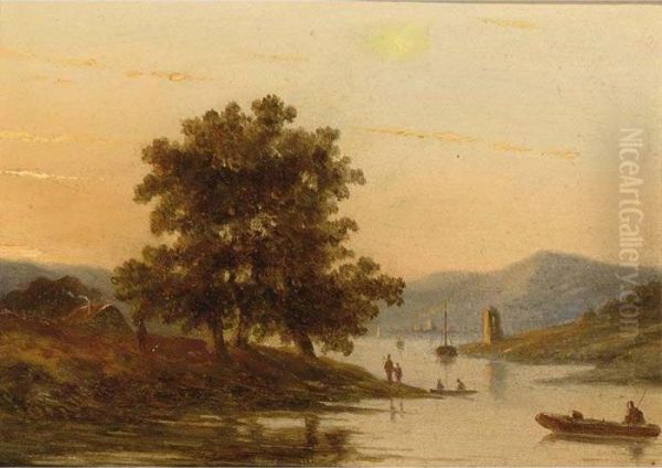 Figures By A Lake In A Mountainous Landscape Oil Painting by Sierig Louis