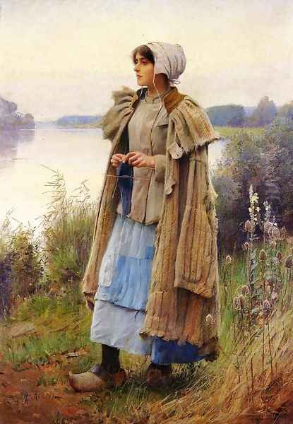 Knitting in the Fields Oil Painting by Charles Sprague Pearce