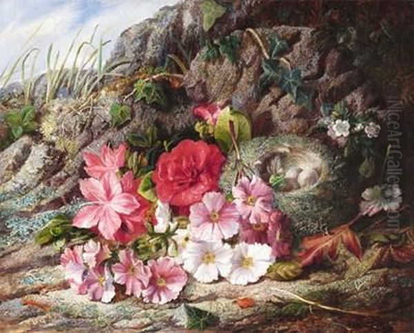 Forest Floor Still Life Of A Bird's Nest And Flowers Oil Painting by Alfred Lucas