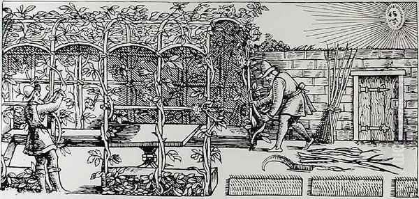 Arbour being built as a shade against the sun from The Gardeners Labyrinth Oil Painting by Thomas Hill