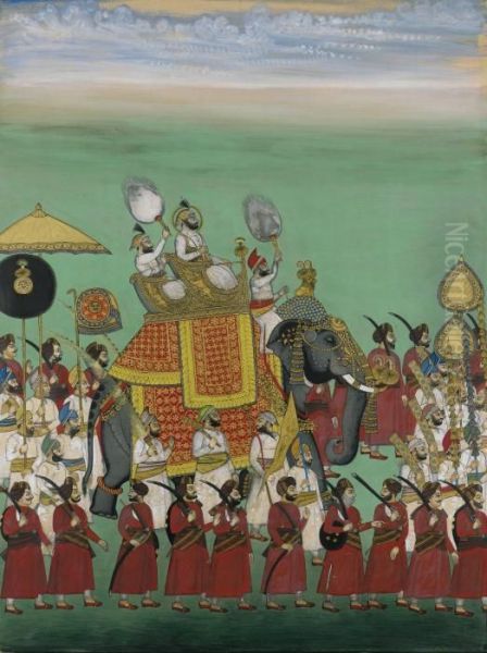 Riding In An Elephant Procession, Mewar, Rajasthan, India Oil Painting by Maharana Sangram Singh Ii