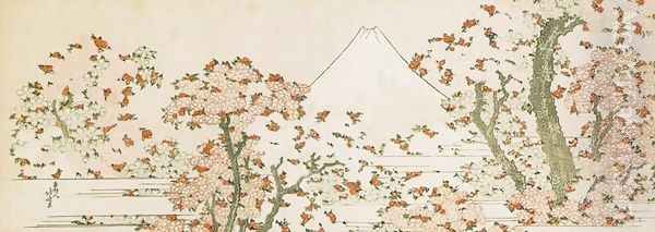 Mount Fuji with Cherry Trees in Bloom Oil Painting by Katsushika Hokusai