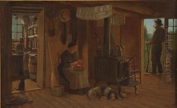 Rural Cabin Interior Scene Oil Painting by Charles Cole Markham