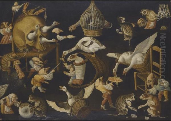 A Grotesque Scene With Animals Playing And A Dog Wrapped In Swaddling Clothes Oil Painting by Master Of The Fertility Of The Egg