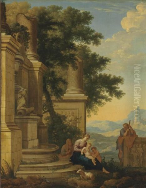 An Extensive Landscape With The Holy Family Oil Painting by Henri Mauperche