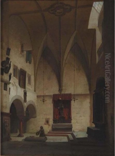 A Chapel Interior Oil Painting by Friedrich Carl Mayer