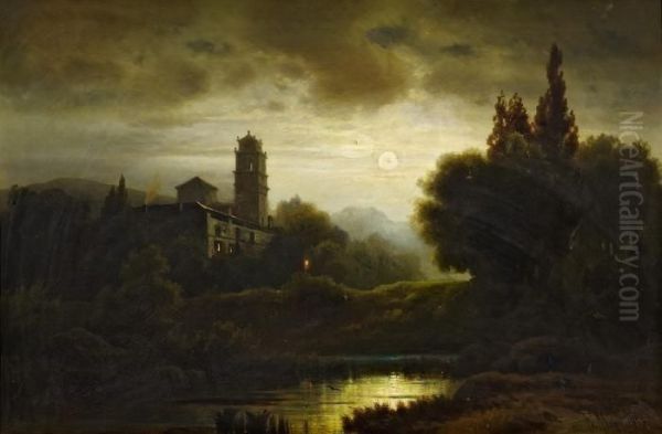 Romantic Landscape Under A Full Moon Oil Painting by Friedrich Carl Mayer