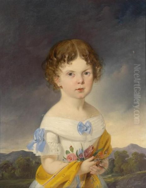 Girl With Bouquet Of Flowers Set In A Landscape Oil Painting by Johann Nepomuk Mayer