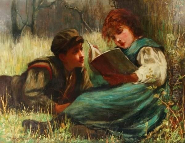 Girl And Boy Reading A Book Oil Painting by Norman M. Mcdougall