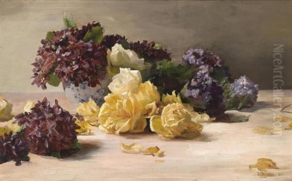 Roses And Violets Oil Painting by Ruth Mercier