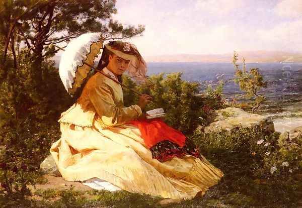 La Femme A L'ombrelle (The Woman with the Sunshade (Douarnenez Bay)) (or Baie De Douarnenez) Oil Painting by Jules Breton