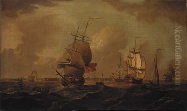 Men-o'war In A Swell Off Sheerness Oil Painting by Thomas Mitchell