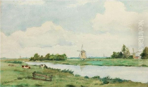 Polderlandschaft Mit Windmuhlen Und Kuhen An Einem Flussufer Oil Painting by Edmond Modave