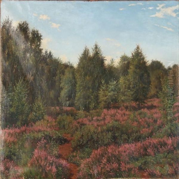 Landscape With Heather And Birch Trees Oil Painting by Caroline Amalie Moller