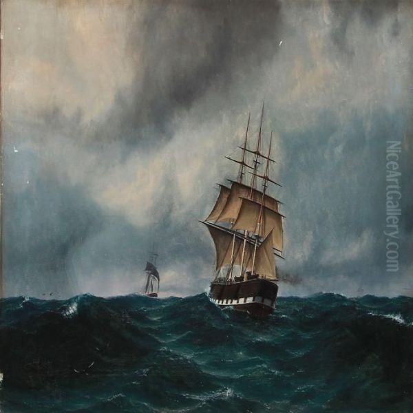 Seascape With Sailing Ships In High Waves Oil Painting by Thorvald C. Benjamin Moller